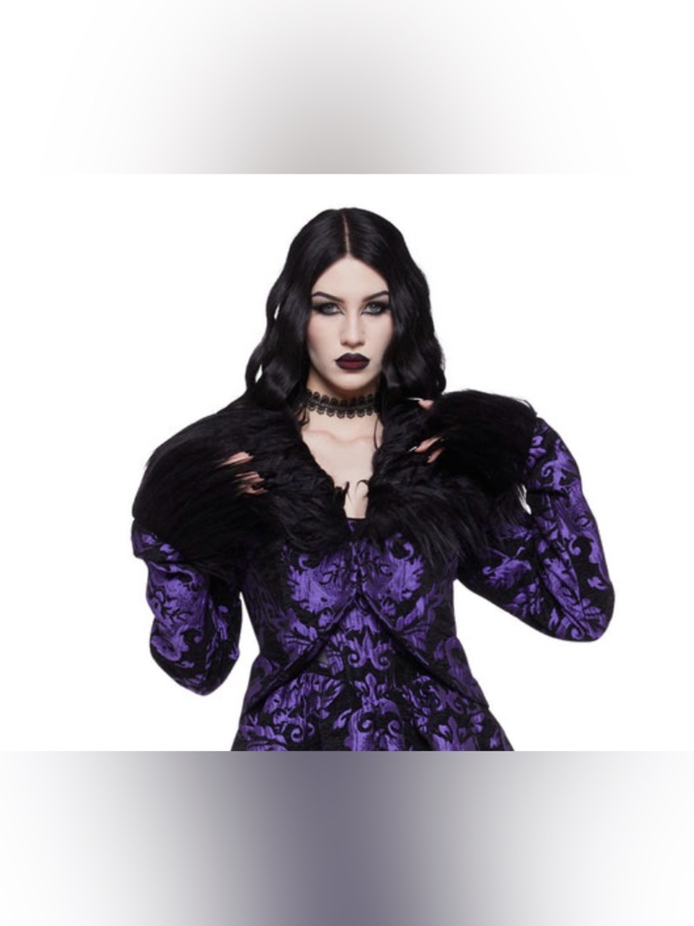 Gothic Brocade Purple Coat with Black Faux Fur Collar